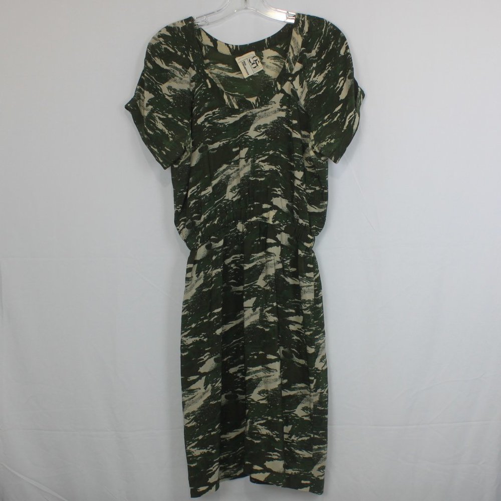 Vintage Barney New York Co-Op Silk Green Cream Camouflage Short Sleeve Dress
